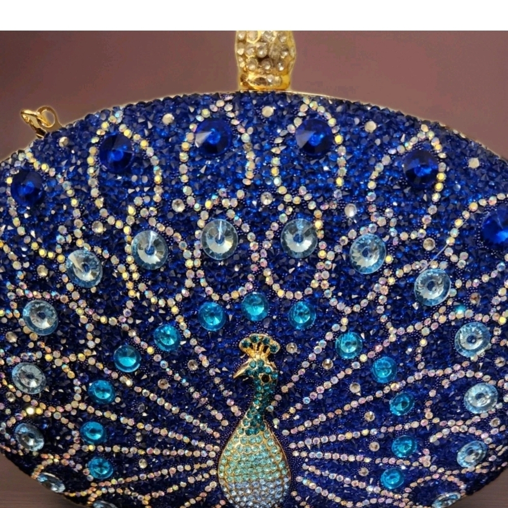 Elegant Blue Peacock Clutch With Sequins And Beads& Long Chain